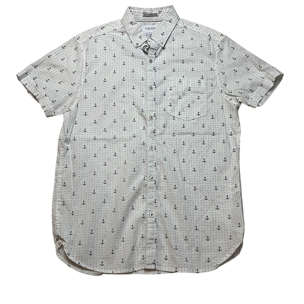 Zipcode Button Down Mens Medium White Anchor Print Slim Fit Short Sleeve Shirt